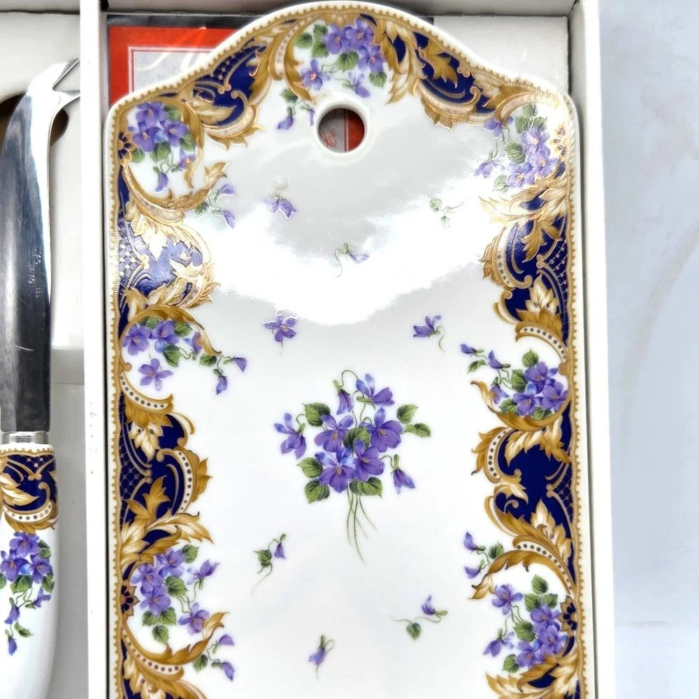 Andrea by Sadek Fine Porcelain Cheese Board & Knife Set in Box Royal Violets
